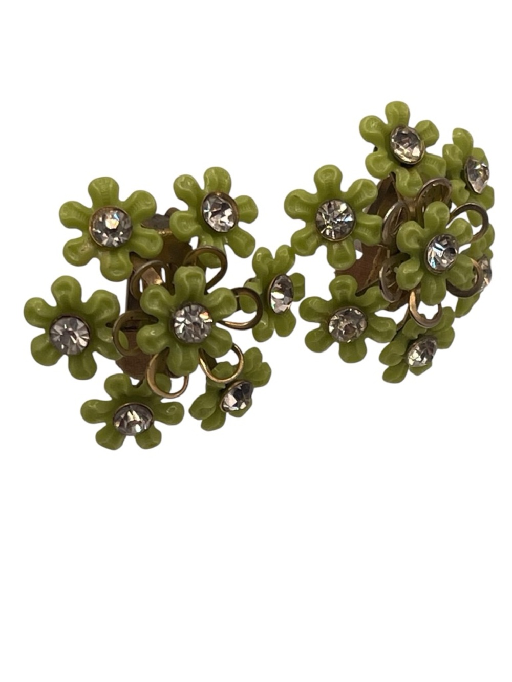 60s Green 3D Floral Bloom Rhinestone Cluster Clip-On Earrings Bloom Design